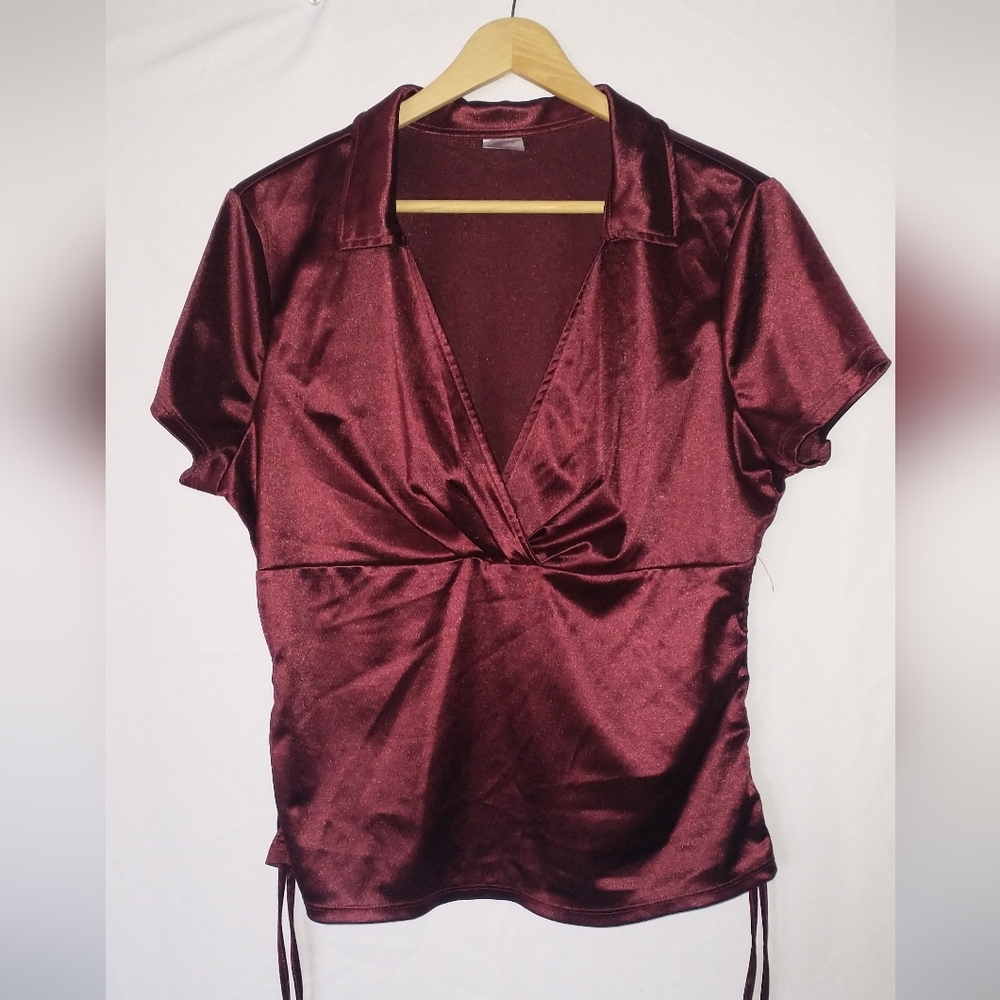 Y2K 90's Retro Silky Witchy Blouse Elegant Burgundy Satin Top XXL